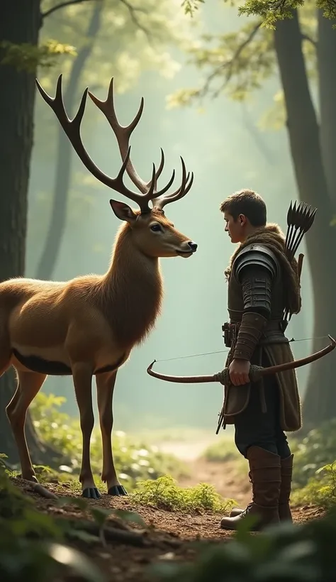 Deer vs. Human Image Prompt:

"A serene yet intense standoff between a majestic deer and a human warrior in a forest clearing. The deer, with elegant antlers and a soft, brown coat, stands gracefully on slender legs, its eyes calm yet alert, surrounded by ...