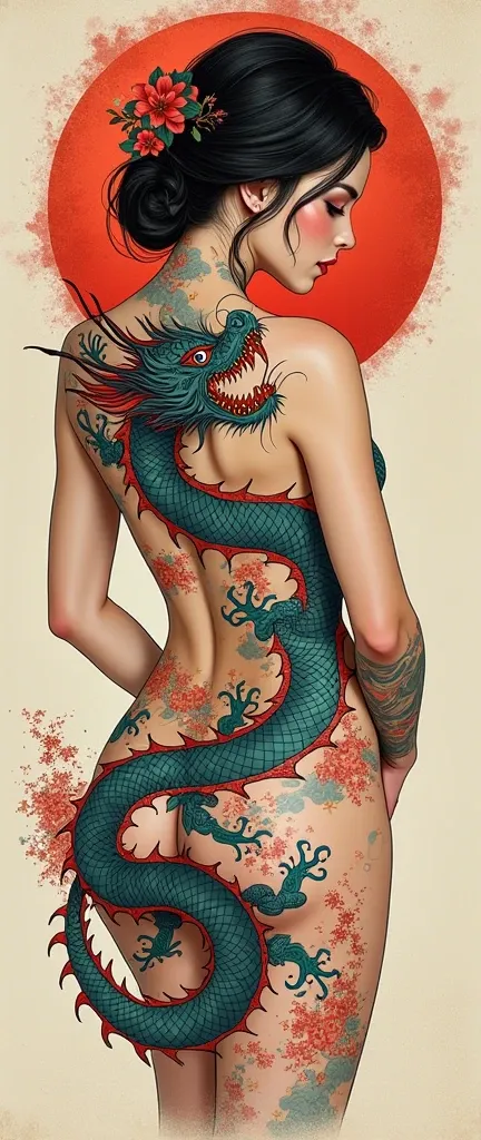 chinese dragon tattoo on the back, (by Yuko Higuchi:1.4)，Higuchi Yuko,(by Yoh:1.2),(masterpiece,best quality,offcial art,Beauty and aesthetics:1.2),(ultra-detailed),finely detail,best illustration,hand drawn high quality,(High contrast),(clean lines:1.3),(...