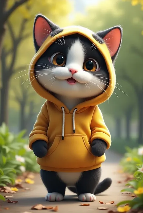 A  cat with a panda pattern stands wearing a kabigon hoodie and smiles　Background Park