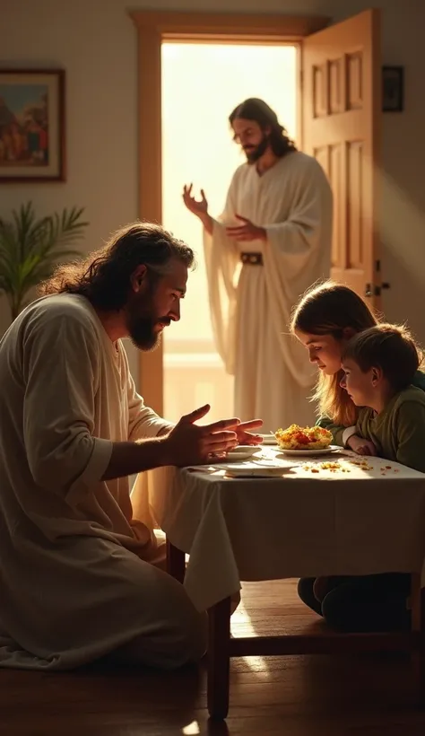 A father is kneeling on the floor, begging for a prayer because he has lost his job and is desperate. His son and wife are on the table, crying from hunger, and in front of them is an empty plate. The father is very sad and crying a lot because he has noth...