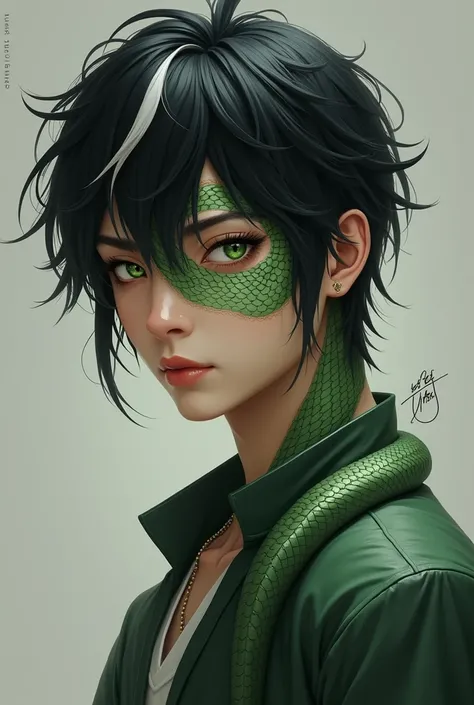 A man, Hes a yuan ti with short black hair and a white strip in the fringe, Yuan ti are basically snake people who look mostly human, green eyes like a snake, hes looks like 32, muscular shoulders, portrait 