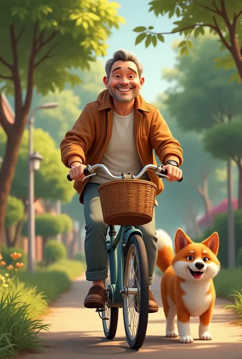 A  friendly man  riding a bicycle with his s