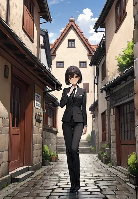  1 girl, Semi-short hair,  high definition , masterpiece,  anatomically correct,  best quality,  black hair,  Tall、 slender、Reddish brown eyes、 closes her mouth, Around town、 black suit、Black tie、 black pants 、Dark orange inner color、Stone House、Cobbleston...