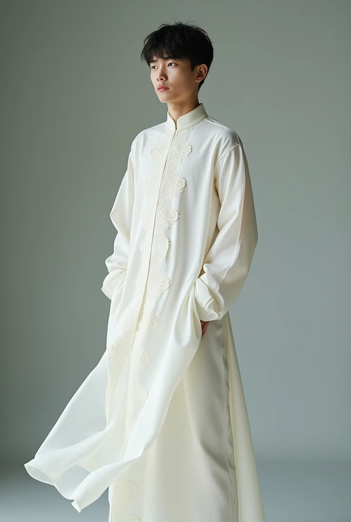 A 20 years old boy wear a white vietnamese ao dai for woman student 
