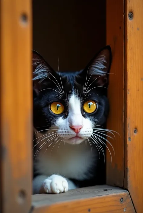 "A black and white cat with shiny yellow eyes, peeking curiously from behind a wooden frame or staircase. The cats expression is inquisitive and slightly mischievous, with soft lighting in the background. The scene emphasizes the contrast of the cats dark ...