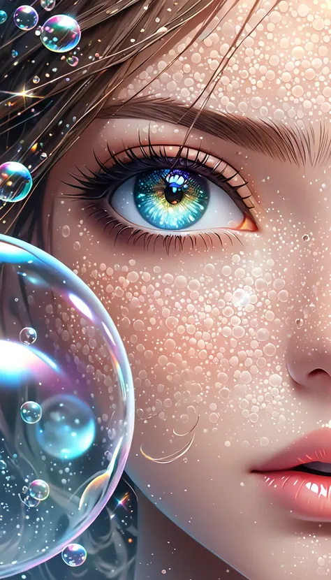  Beautiful woman with captivating eyes ,   portrait,   Shading Effects  ,   gradient magic effect , glitter effect, soap bubble effect  ,  foggy filter effect , (   super detailed ,   absolute resolution  ,   best quality:1.3), 2.5D, Delicate and dynamic ,...