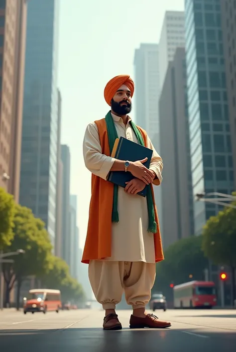 A Punjabi Person stand at city with his building and file in hand