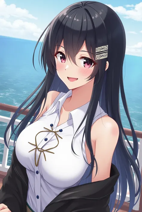 Zuikaku/Azurlane/masterpiece, best quality,upper body, looking at the viewer, smiling,highres, long hair,black kimono over, large breasts, sleeveless shirt, white shirt, off shoulder, standing, outdoors, ocean in background,hair ornaments,,2D, add_detail:-...