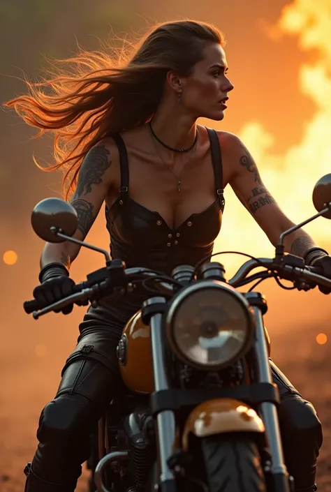 femme barbare de profil sur une moto elle a sur le la main tendue un faucon senvolant, , époustouflante, criant à lattaque,   beauté à couper le souffle, proportions parfaites, beau corps, tatouée : 1,4), Un champ de bataille médiéval flou enfumée avec des...