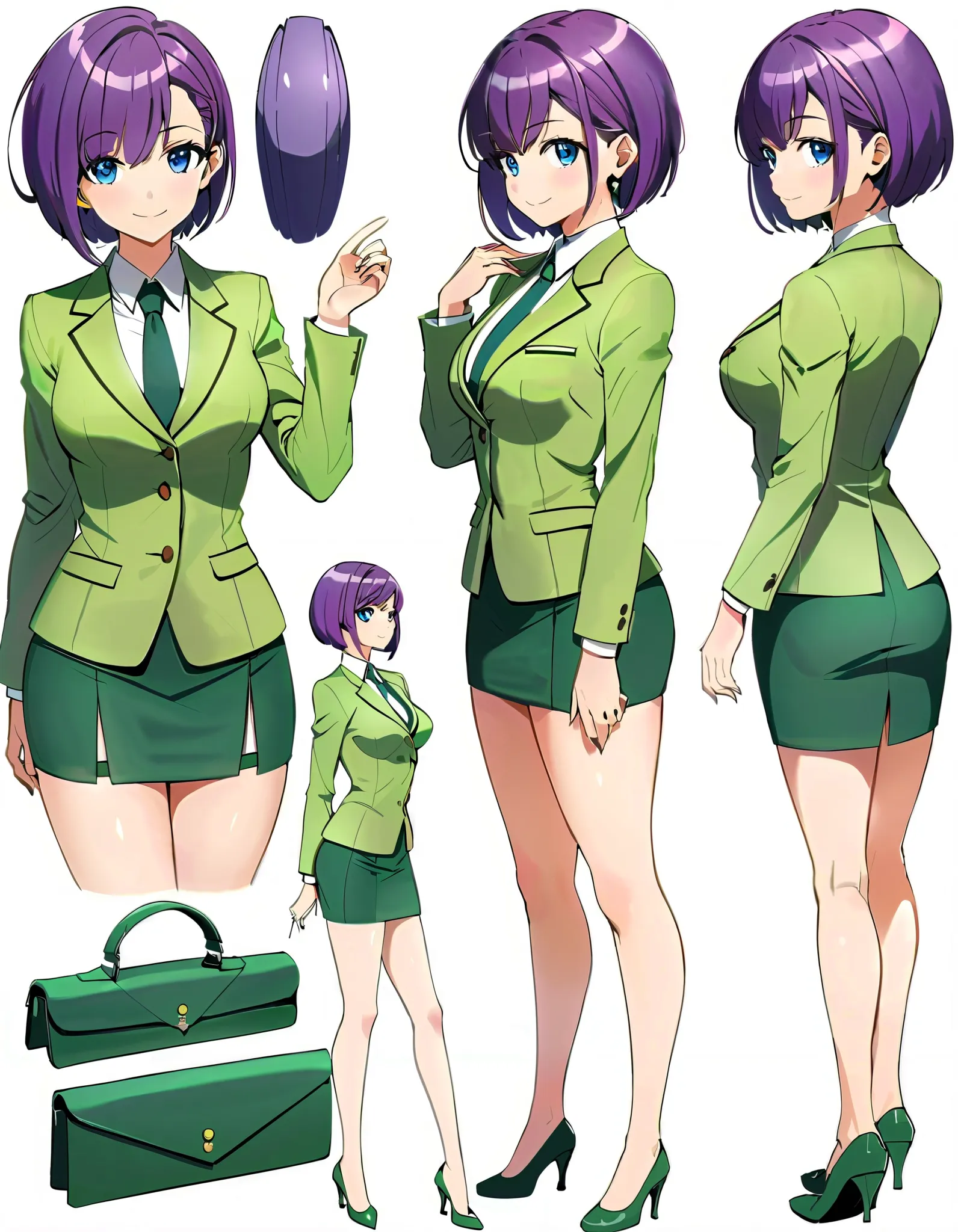 (masterpiece), (best quality), (highres), 1girl, solo, highly detailed, green suit and tie, pencil skirt, miniskirt, bare legs, ...