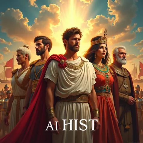 The image is a vibrant and dynamic banner featuring a collection of famous historical figures depicted in a hyperrealistic and dramatic style. The central figure appears to be **Julius Caesar**, dressed in a Roman toga, bathed in a golden light that highli...