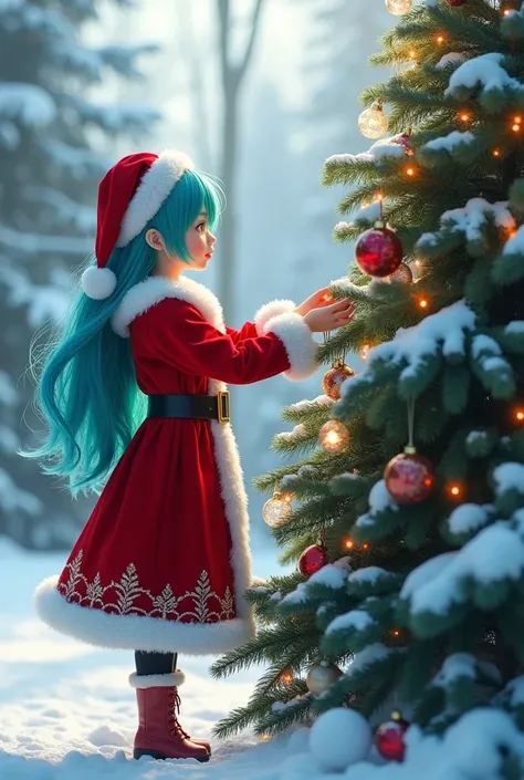 Adult figure Miku puts on a Santa suit and decorates a Christmas tree in the snow.