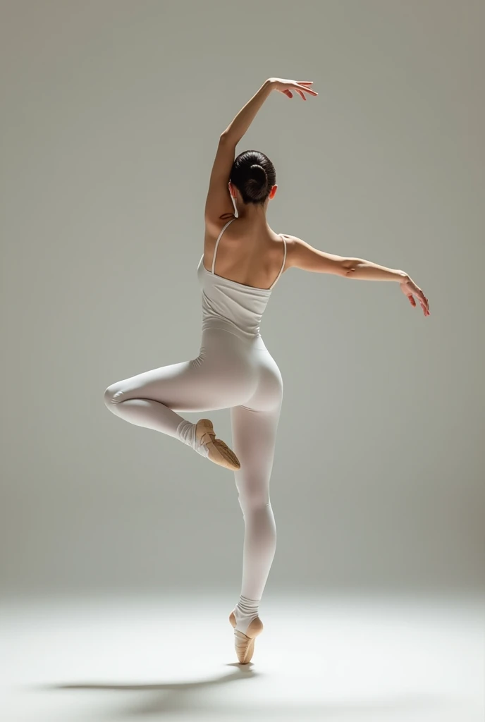 there is a woman in a white top and white pants doing a ballet move, she is dancing. realistic, perfect dynamic body form, wearing white leotard, white leggings, wearing white tights, as though she is dancing, sensual dancing, dancing in the background, ph...