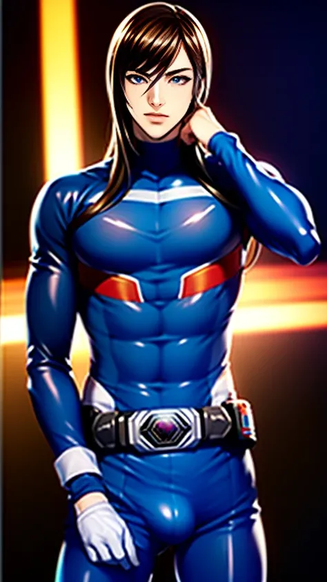 Backstreets,   handsome young man    , Glowing Kamen Rider Suit    , 18 years old,     Toned and Muscular     ,  penetrates ,   long hair,     long bangs    、Sensual appearance,    Crotch Bulge  