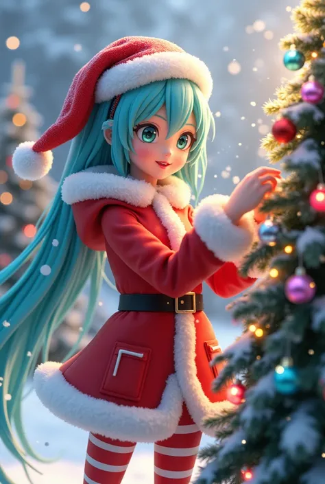 Adult figure Miku puts on a Santa suit and decorates a Christmas tree in the snow.(Model Stripes)