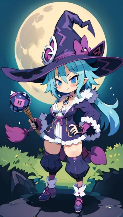 (pygmy、 smaller)、(witch:1.5)、( bright blue hair、 dont tie your hair、 Very Long Hair )、Light blue eyes、Baby Face、smug face、blush、Big Breasts、Plump、 cleavage visible、Open collar、hat、large hooded robe、Long gloves、Pants with thick hem、fluffy pants 、 knee-high ...