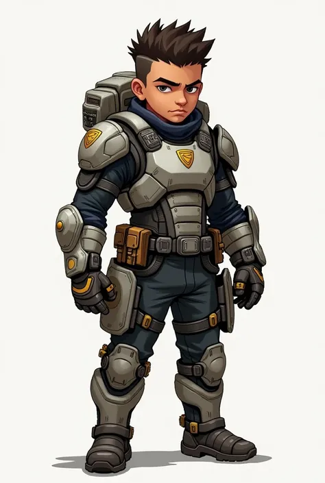 A serious looking boy with a lot of padding or and gear character design
