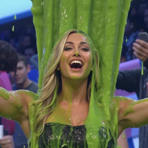 Action photograph of Swedish woman covered in green water. Photorealistic. Glistening liquid. Green slime. Raw photo. Swedish model. (Swedish girl: 1.1). F/1.4 aperture. 35mm. Sparkling black strapless dress . Cleavage. Wet. Wavy blonde hair. Gameshow. wat...