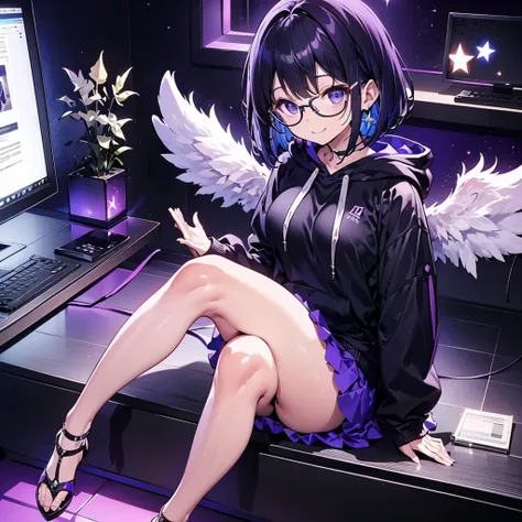 solo1.3、Palms facing up 1.7、 Max Image、Birds-eye view from above composition 1 .3、Seiko no Hand 1 .3、 black bob cut 、 sitting on the purple cube in front of the monitor 、black simple hoodie and purple mini skirt 1.6、 Fleshy Thighs 1 .3、Angel Girl Sandalpho...