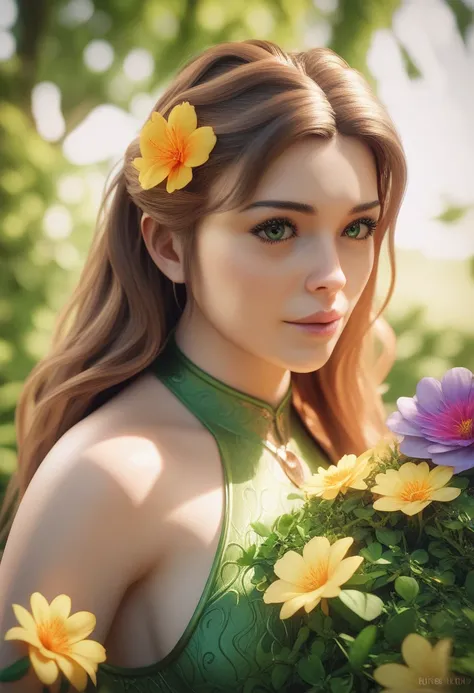 a beautiful young girl with long brown hair, detailed eyes, cute facial features, wearing a colorful summer dress, playing in a lush green garden with vibrant flowers, detailed 3d render, 8k, photorealistic, warm lighting, intricate details, soft colors, w...