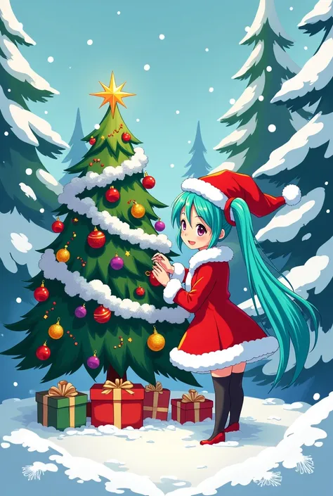 Miku puts on a Santa costume and decorates a Christmas tree in the snow. Anime stripes