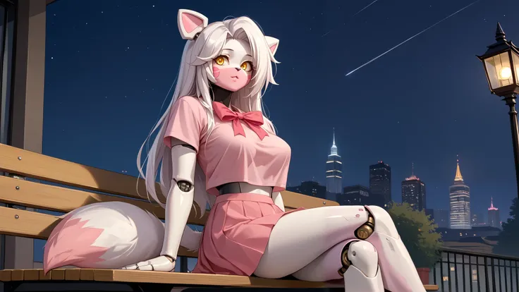 score_9,score_8_up, score_8, source_anime, source_anime, mangleFNIA,1girl,solo,long hair,large breasts,bow,animal ears,tail,yellow eyes,white hair,topless,furry,furry female,robot girl,white fur,bow,tail,robot joints,pink fur,pink skirt, pink T-shirt,night...