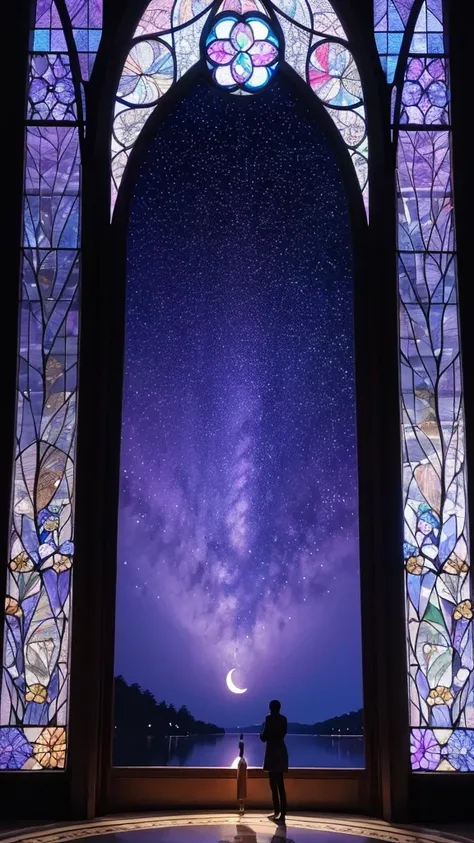 A detailed and intricate stained glass design featuring a serene night scene. The centerpiece showcases a crescent moon surrounded by twinkling stars in a deep blue and purple sky, with swirling patterns creating a sense of depth and movement. The lower se...