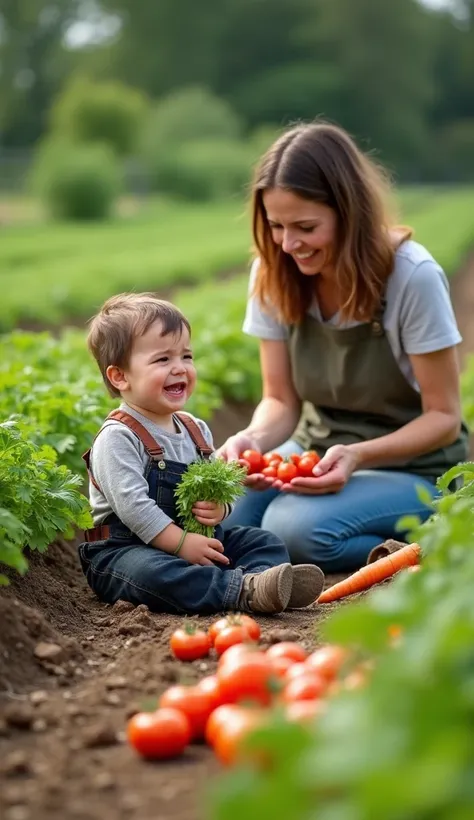 "A woman farming with her  sitting beside her."
"Create an image of a young  sitting on the ground near his mother in a vegetable field. The  is crying and holding a small bundle of tomatoes, while the mother is focused on picking vegetables like carrots a...