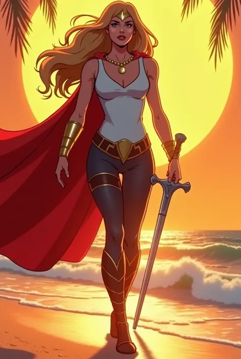 She-Ra from He-Man, walking confidently along the shore, her (majestic red cape fluttering in the wind:1.9), she is wearing skintight white tank top tucked in skintight jeans  against the backdrop of a warm sunset (golden hour), with palm trees silhouetted...