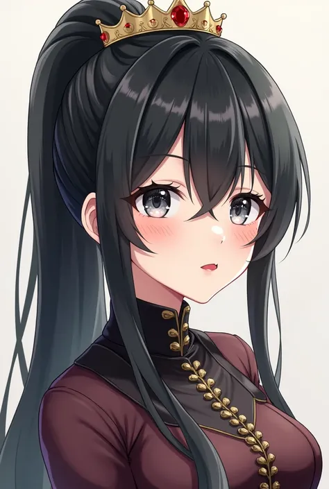 a realistic girl, tsundere face, black hair, gray eyes,  background. Ai Realistic. wearing gaun era victorianLong Hair, Open Mouth, Bangs, Hair Between Eyes, Ponytail, Tongue, Black Hair, Long Hair, Ponytail, High Ponytail, Breasts, Blush, Makeup, Facial H...