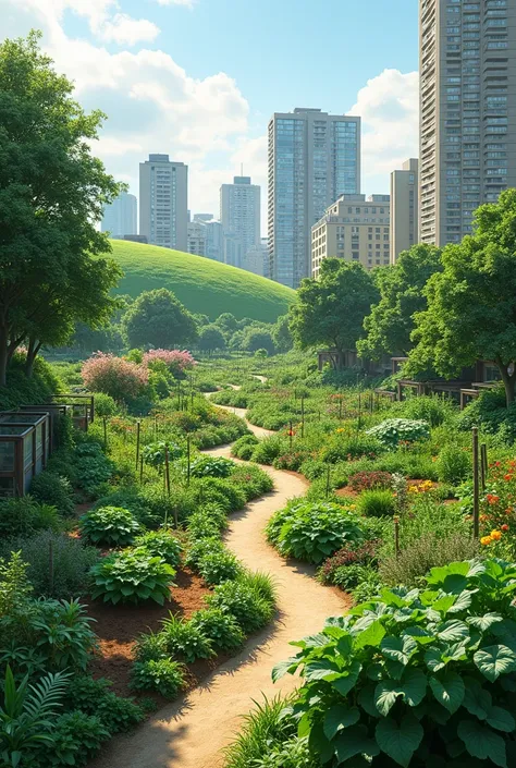 a long and fine community vegetable or fruit garden in an urban context with a hill in the background and buildings of up to 8 floors 
