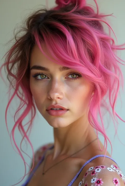 A woman with pink and brown two-tone hair is undone