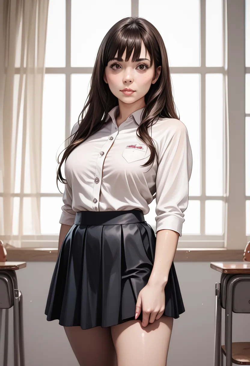 best quality ,  ultra high resolution, ( photorealistic :1.4), 1 girl,  vintage comic,button down shirt,  black skirt , school, ...