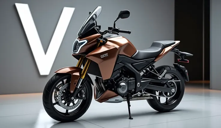 Generate a high-resolution, fully realistic image of a (2025 Suzuki V-Strom 650 XT ) in (Brown) , with a sleek and modern exterior, futuristic wheels, and a shimmering body color, displayed in a luxurious showroom with a large logo on the back wall. The im...