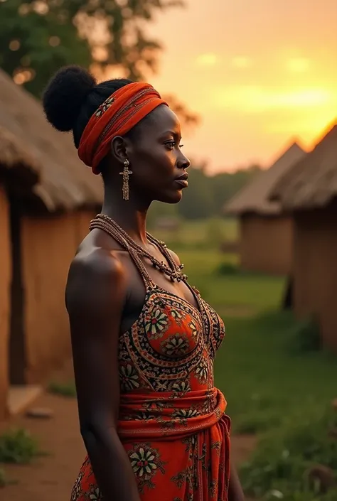 A scene depicting Loveness, an African woman in traditional Ghanaian attire, standing near a rural village with mud huts and lush greenery. The atmosphere should be contemplative with a sunset in the background, symbolizing hope and resilience.