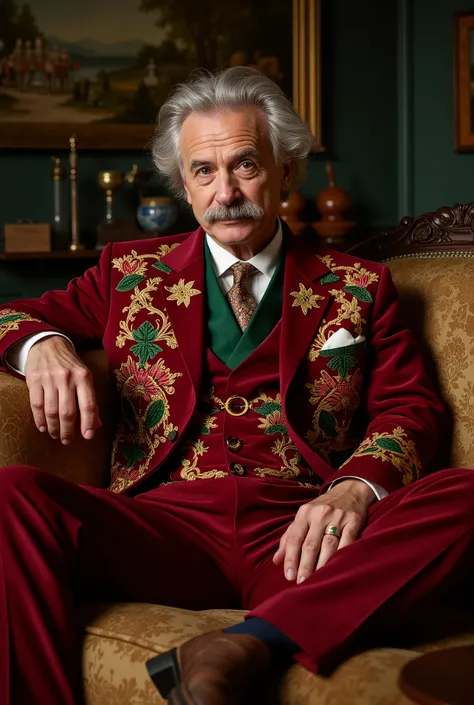 A highly detailed and professional editorial photo of a man inspired by Albert Einstein sitting on a vintage sofa. He is wearing a luxurious, embroidered velvet suit in deep red with gold and green floral patterns, styled by Gucci. The suit prominently dis...