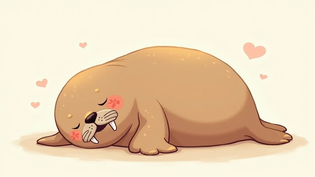 A cute illustration of a walrus sleeping with its hands on its stomach