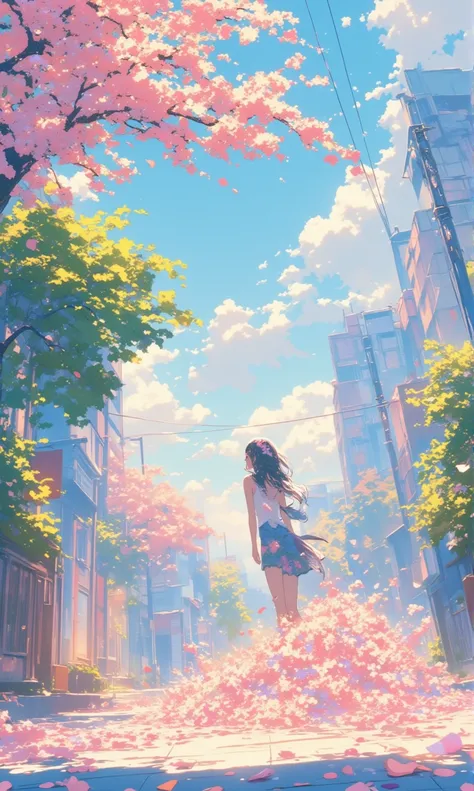 （masterpiece、 High Quality 、High image quality、4K、8k、 Details）、 colorful flower shower 、 A girl looks back （whole body）、Petals falling and piling up on the road 、（（ Minimalist ：1.5））、 pale warm pastel layers、CG integrated wallpaper 、 Beautiful Artwork 、