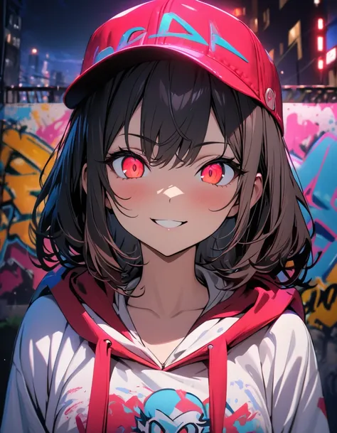 masterpiece,  best quality, 8k, detailed background, masterpiece,  best quality, smile,  small hips ,  hoodies , Portraiture, Neon Red, graffiti, dark, night, Shining Eyes,  black light,Aya Shameimaru