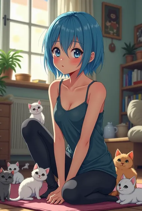 anime-style stylized candid picture of a young woman with blue eyes and blue hair, wearing a spaghetti strap camisole top and leggings. she is sitting in a messy but cozy living room surrounded by a herd of kittens causing mayhem