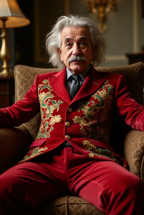 "A professional, high-end editorial photo inspired by Albert Einstein, seated on an elegant vintage sofa in a luxurious setting. He is wearing a deep red velvet suit, richly embroidered with gold and green floral patterns, styled by Gucci. The suit feature...