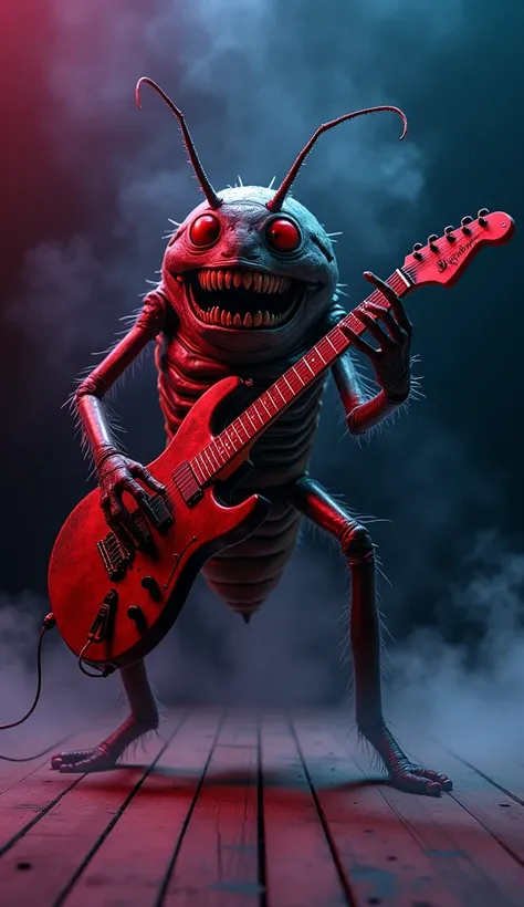 A Portrait of a Monster cockroach (huge head with teeths highlighting, translucence body, red eyes) is on wooden floor, standing in style and holding a big electric guitar, placing the one side on ground, pressing the strings and strumming and singing. Its...