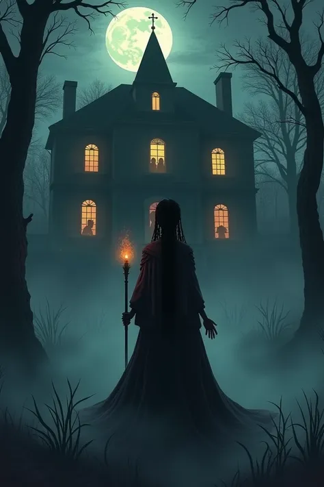 
 Create the cover exactly as described below , Please:

1.  Dark Scenery with the Featured House

 • An imposing mansion ,  ,  surrounded by old, dimly lit fog ,  highlighting the windows with silhouettes of ghosts watching .
	 • In the foreground , Ayana...