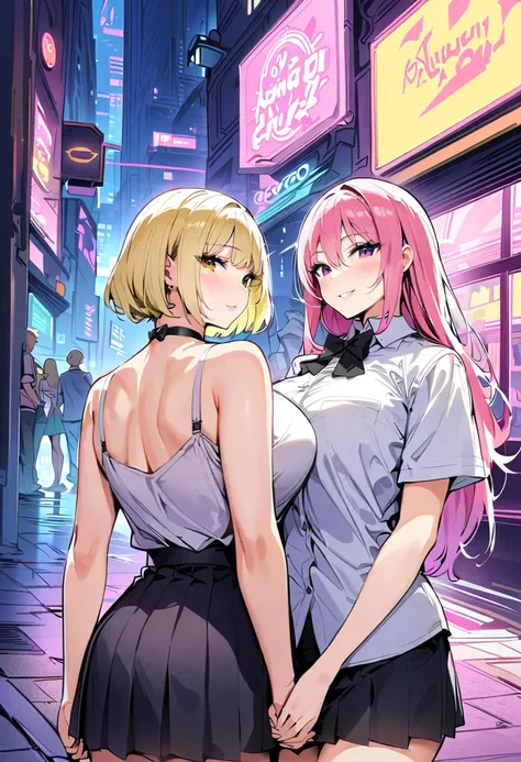  cyberpunk city , street,   knight ,  neon light,  neon sign , masterpiece,  best quality,  high definition , ＪＫ,Big Breasts,2girls, One Boy ,Boys back, black bow,black bowtie, blonde hair,bow,bowtie,chest,Hair Bun, holding hands , Fingers Intertwined , lo...