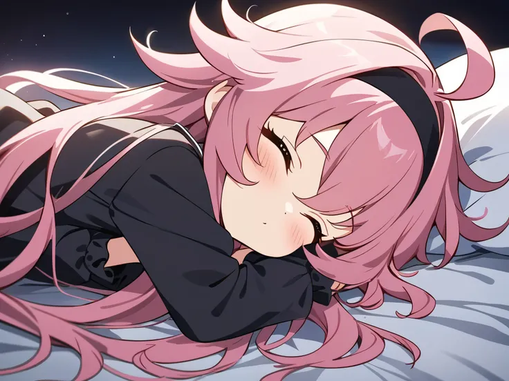 sleeping on the bed, cute, pretty,  small girl, black cute pajamas, floating hair, very messy hair, ahoge, pink hair, spiked hair, long hair, black hairband, 1girl, best quality, amazing quality, very aesthetic, highres, incredibly absurd, masterpiece, jap...