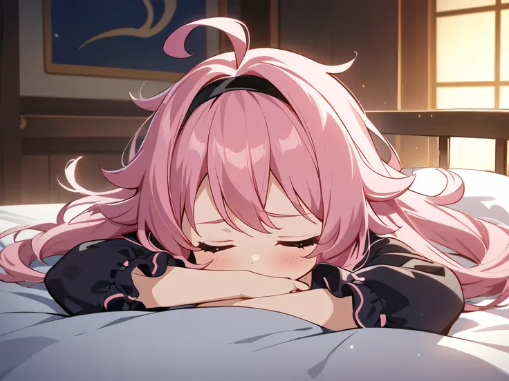 sleeping on the bed, cute, pretty,  small girl, black cute pajamas, floating hair, very messy hair, ahoge, pink hair, spiked hair, long hair, black hairband, 1girl, best quality, amazing quality, very aesthetic, highres, incredibly absurd, masterpiece, jap...