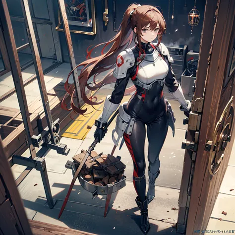 solo1.3、Mysterious Girl 1 .5、Reddish brown hair、long ponytail1.5、messy hair1.3、 Black Mechanic Machine Cage Hand 1 .2、 Black Mechanic Machine Boots 1 .1、 Antique Leather Breastplate 、 White Relaxed Battle Suit 1 .3、 Mechanics Thin Rod-shaped Weapon 1.5、