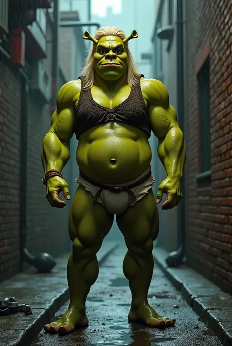 A mix of Shrek with a muscular blonde woman in a raining alley