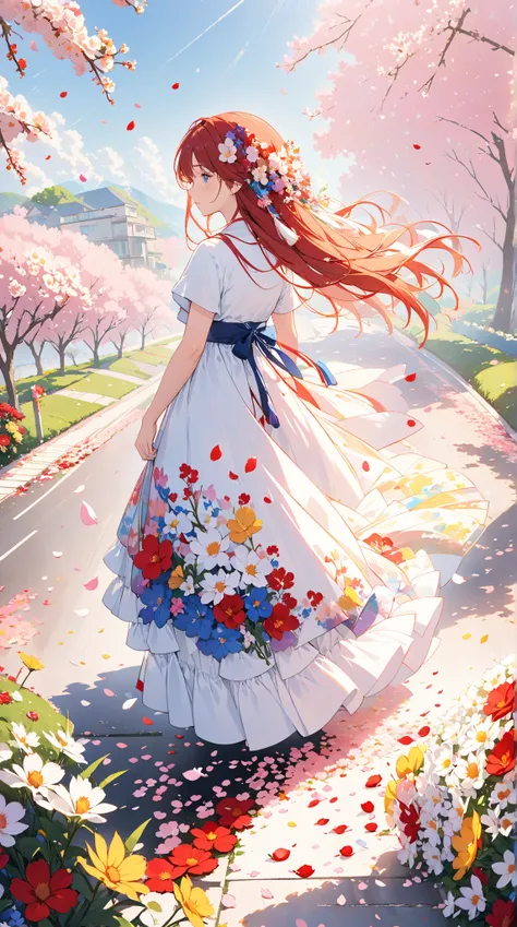 （masterpiece、 High Quality 、High image quality、4K、8k、 Details）、 colorful flower shower 、 A girl looks back （whole body）、Petals falling and piling up on the road 、（（ Minimalist ：1.5））、 pale warm pastel layers、CG integrated wallpaper 、 Beautiful Artwork 、