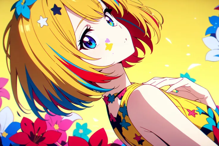 (solid yellow background), Anime girl, from side, look at viewer , Lean back, short hair with blue and red streaks, wearing a bright yellow dress with star and flower patterns, vibrant colors, clean anime style,masterpiece,,4k , cinematic, high quality , h...